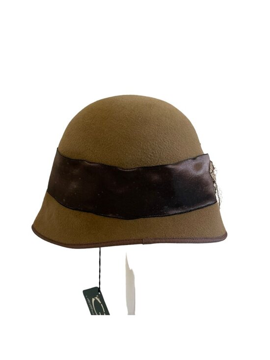 Louise Green Brown Wool Cloche Hat Satin Ribbon Feather Rhinestone Flower Accent main image 7